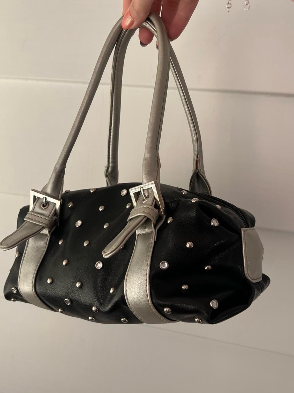 Y2K Black Studded Duffle Handbag with Silver Accents - Women Bags